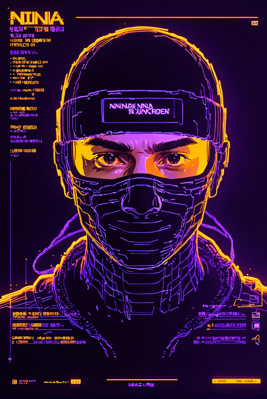 Ninja, hooded, aqua wireframe of 1boy, vhs grain, yellow lighting, orange reflections, CRT grain, white noise glitch, purple lineart, portrait, english text, UI display, HUD, cloaked
[high quality photo, 4k, hd, 7-AnalogueInterfaces, 7-vectors]
<lora:add-detail-xl:0.5> <lora:CRT Vectors v1.0:0.8>