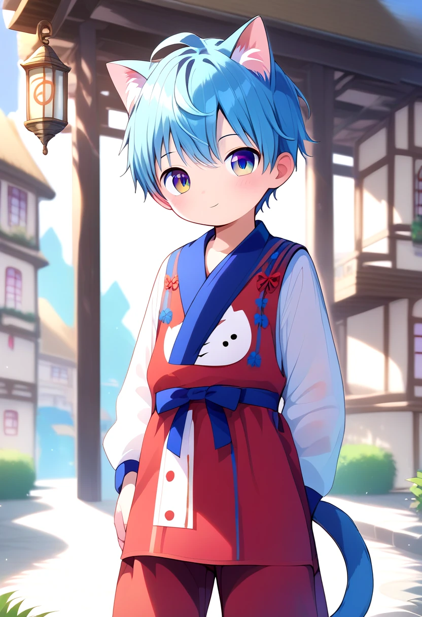 score_9, score_8_up, score_7_up, rating_safe, BREAK
straight on shot, standing,detailed eyes, village,
<lora:cutifiedanimecharacterdesign_variant_type_G_PonyXL_v10:1>, 1boy, type-g,  cat boy, blue hair,   long pants