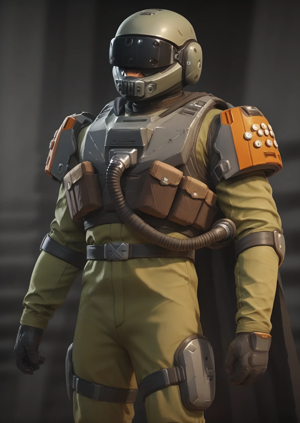 <lora:SC-37_Legionnaire_from_Helldivers_2_Pony-000003:0.7>, realistic, masterpiece, standing, hero pose, epic background, holding assault rifle,
solo, male, helmet, armor, gloves, olive bodysuit, orange ornament, shoulder armor, faceless, grey helmet, black visor, cape,, BREAK score_9, score_8_up, score_7_up, score_6_up, score_5_up,