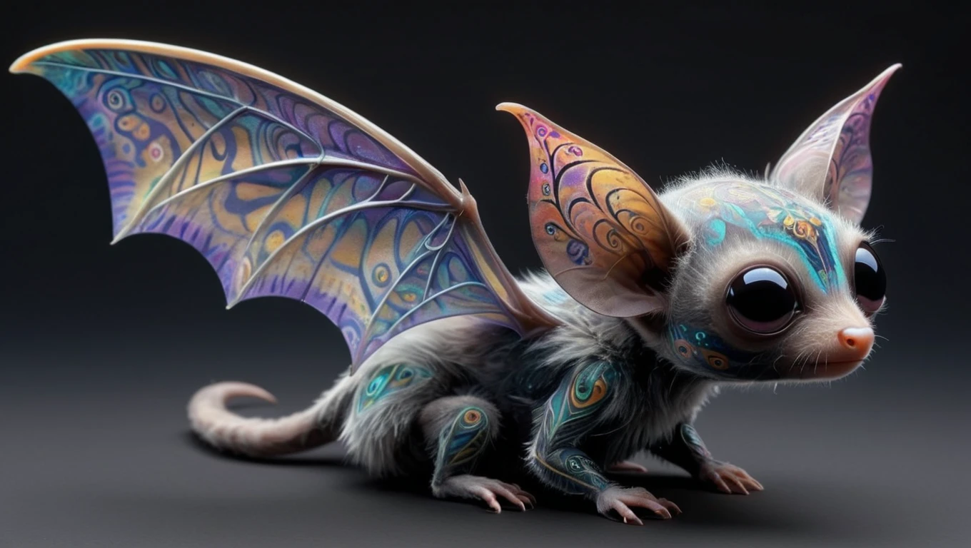 <lora:artfullySGLIDER_SDXL_V1:1>, Skybound Glider: A small, bat-like mammal with membranous wings that are semi-transparent and adorned with vibrant patterns. Its body is covered in soft, iridescent fur that changes color with its emotions. It emits a melodic call that resonates through the alien forests.