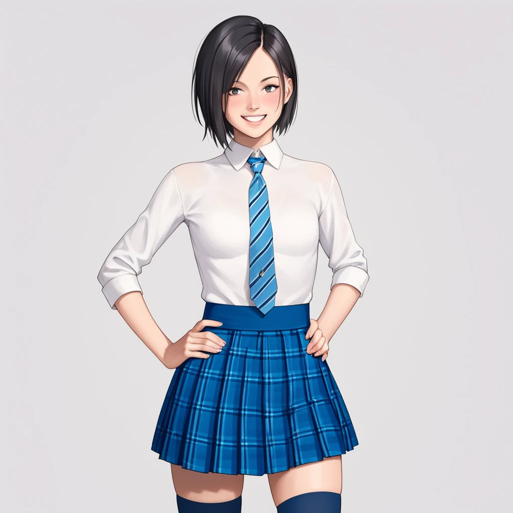 score_9, score_8_up, score_7_up, score_6_up, source_anime, masterpiece, best quality, highly detailed, perfect anatomy, amazing quality, solo, 1girl, Chloe18, black hair, short hair, white shirt, striped necktie, blue skirt, plaid skirt, thighhighs, <lora:Chloe - Chloe18-000010:1>, standing, hand on hip, looking at viewer, smile, white background, simple background, cowboy shot