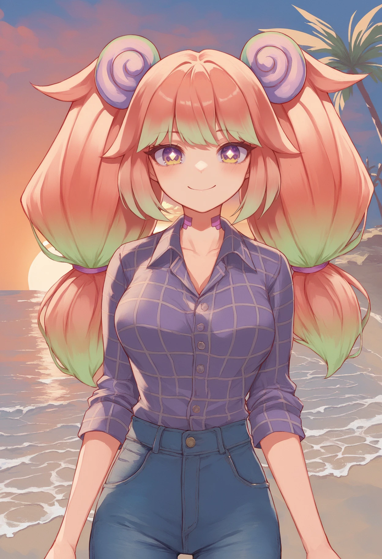 source_anime, score_9, score_8_up, score_7_up,
1girl, solo, cowboy shot, beach, horizon, palm tree, golden hour, sunset, cloud, sky, 
looking at viewer, closed mouth, smile, 
jeans, collared shirt, plaid shirt, 
<lora:stronny_cuttles_pony_v01a01e19:1> stronnyBase, gradient eyes, purple eyes, yellow eyes, (w-shaped pupils:1.2), symbol-shaped pupils, gradient hair, orange hair, green hair, twintails, low tied hair, long hair, shell hair ornament,
neck markings, medium breasts,