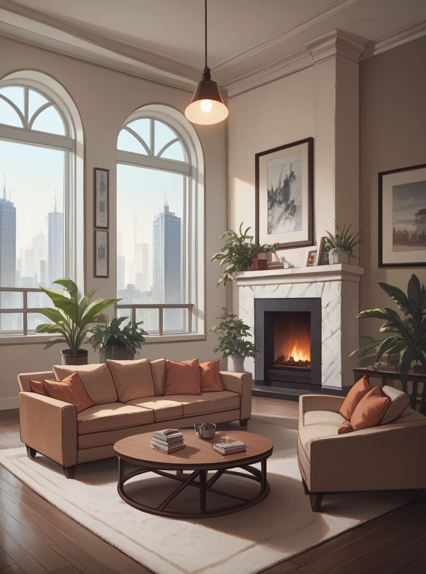 score_9, score_8_up, score_7_up, score_6_up, score_5_up, score_4_up, hud_lr_mdrn, living room, indoors, window, couch, plant, <lora:modern_lr-000008:1>, window, cityscape, table, lamp,