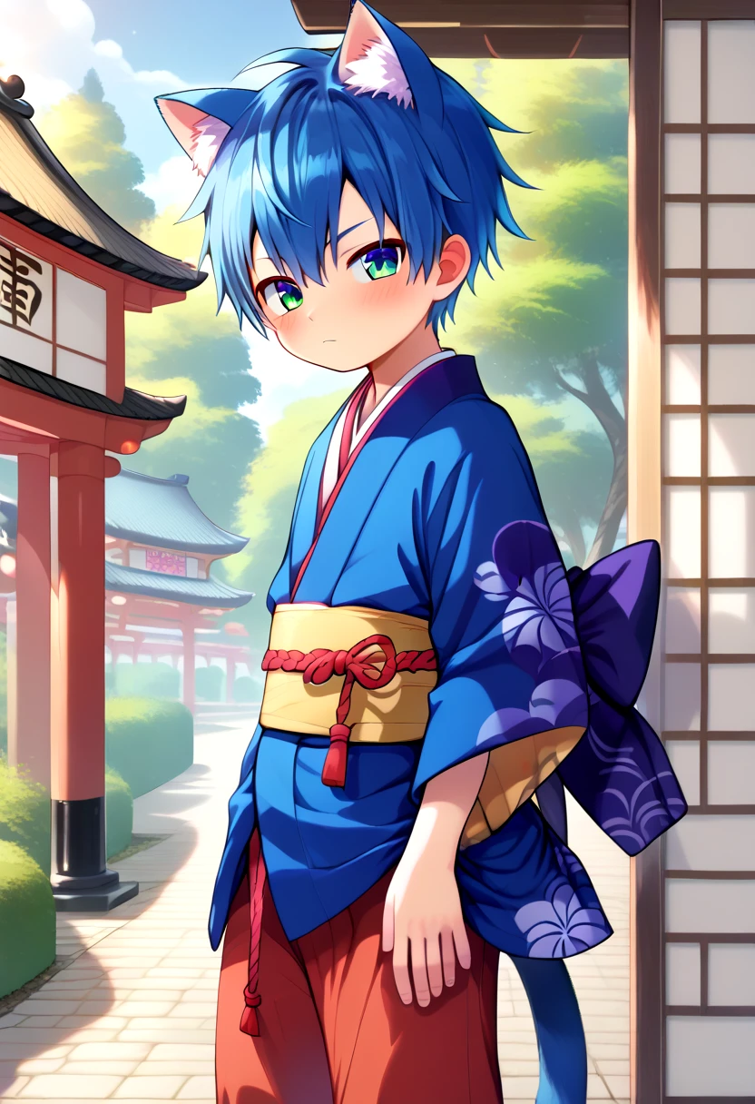 score_9, score_8_up, score_7_up, rating_safe, BREAK
straight on shot, standing,detailed eyes, village,
<lora:cutifiedanimecharacterdesign_variant_type_G_PonyXL_v10:1>, 1boy, type-g,  cat boy, blue hair,  Kimono long pants