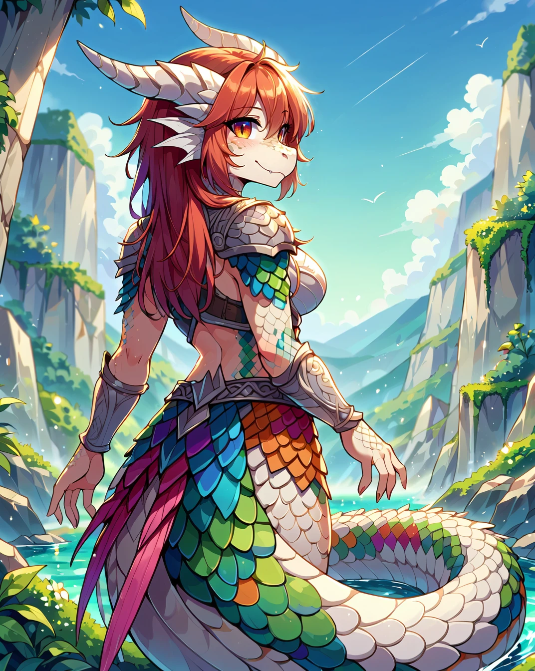 score 9, score 8 up, 1girl, masterpiece, <lora:MegaScalyPony:1>, MegaScalyPony, scales, , scalie, dragon girl, armor, outdoors