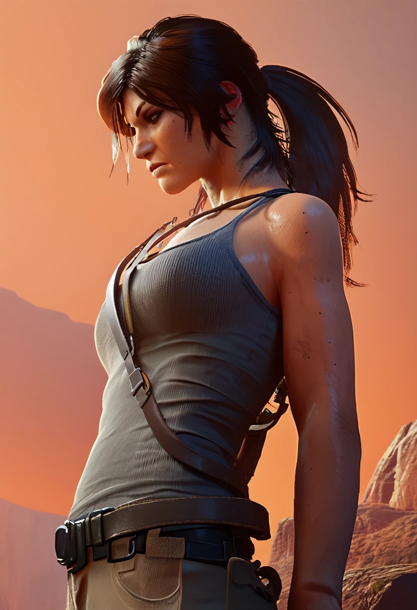 score_9, score_8_up, score_7_up, score_6_up, lara croft, from side, looking down, dark grey tank top, belt, desert mesa, edge of cliff, orange rock, (orange sky) <lora:LaraCroft:1>