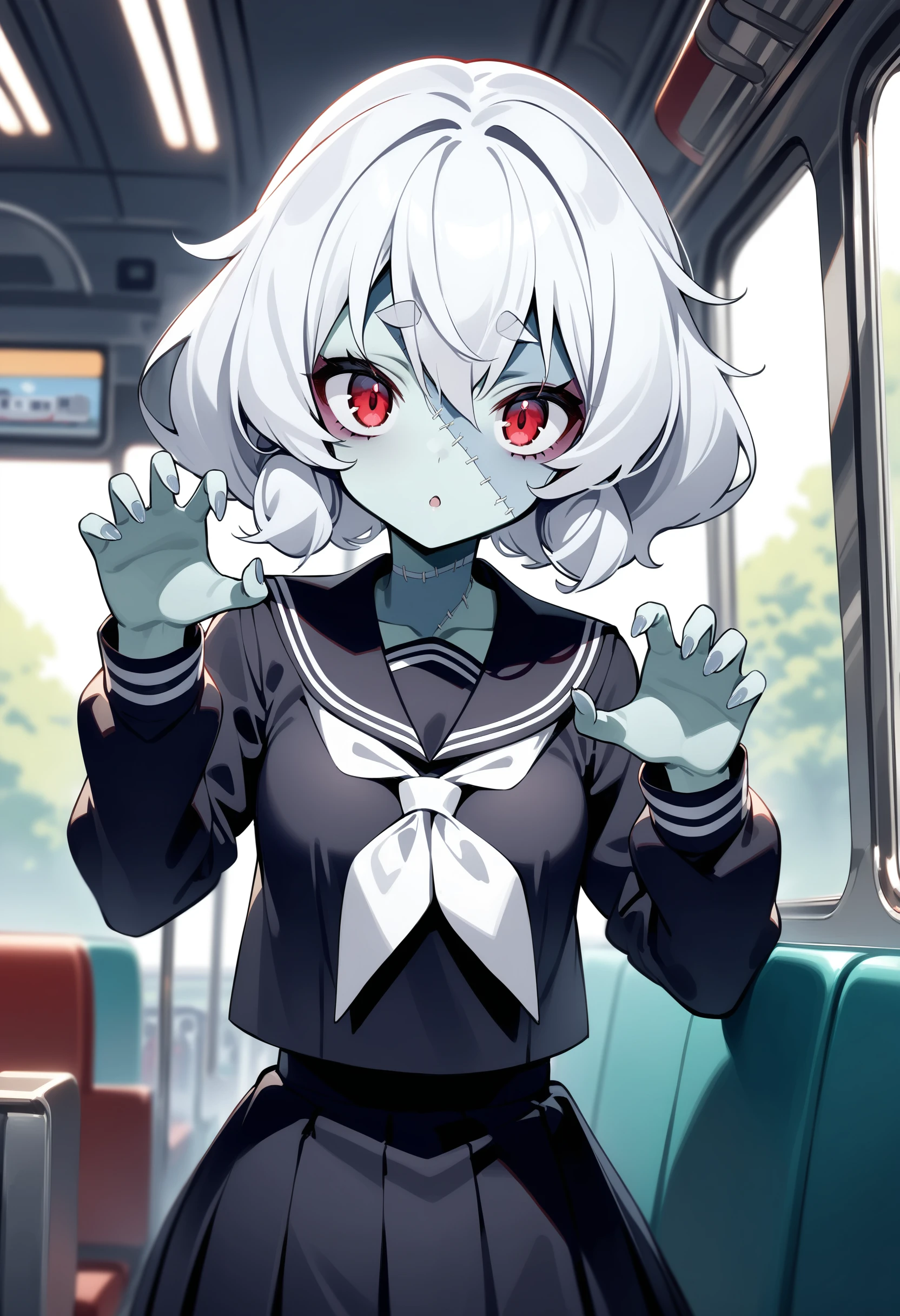 masterpiece, best quality, very aesthetic, absurdres,
1girl, konno junko, zombie land saga, zombie, patchwork skin, white hair, red eyes, black sailor collar, black skirt, school uniform, serafuku, white neckerchief, train, train interior, claw pose, looking at viewer,