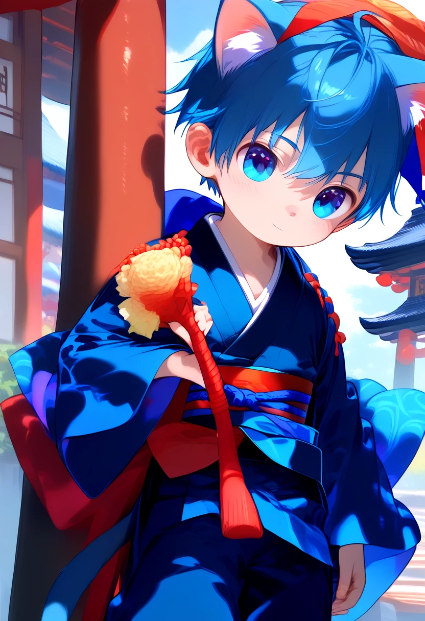 score_9, score_8_up, score_7_up, rating_safe, BREAK
straight on shot, standing,detailed eyes, village,
<lora:cutifiedanimecharacterdesign_variant_type_G_PonyXL_v10:1>, 1boy, type-g,  cat boy, blue hair,  Kimono long pants