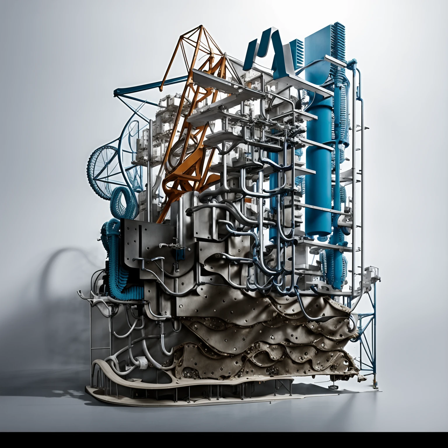 a sculpture of an organic building integrated in an old structure, blue futuristic add-on build in the existing cityscape, architectural model, 3d printing, (kitbashing:1.2), (kubakub:1.2), infrastructure hanging from the facade, growing shapes, machines underneath the structure, collective housing, morphing forms, highly detailed, 4K, (natural light:1.1), cinematic shot, focused building,