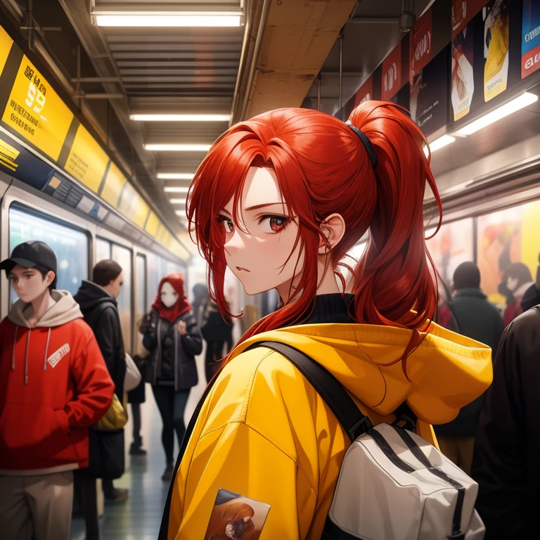 a cinematic shot of a young woman with red hair and a yellow hooded sweatshirt in a crowded underground subway station, ponytail, sidebangsv08 hairstyle, worried expression, side view, advertisements, subway train
, best quality, masterpiece