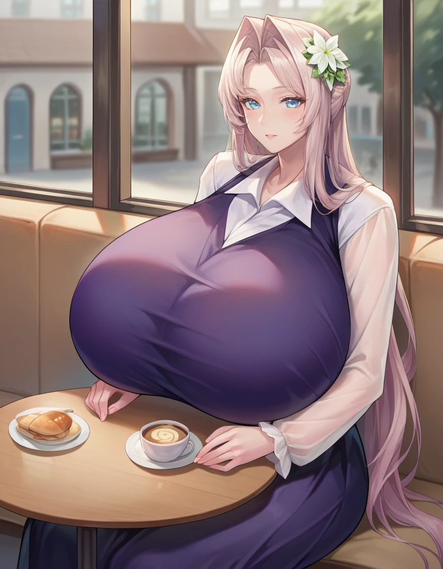 score_9, score_8_up, score_7_up, source_anime BREAK
mnemdress,purple dress, forehead,long hair,blue eyes,close up,hair flower,see-through sleeves, long sleeves
indoors,cafe,sitting,gigantic breasts
  <lora:mnemosyne_(last_origin) PonyXL 1.1:1>