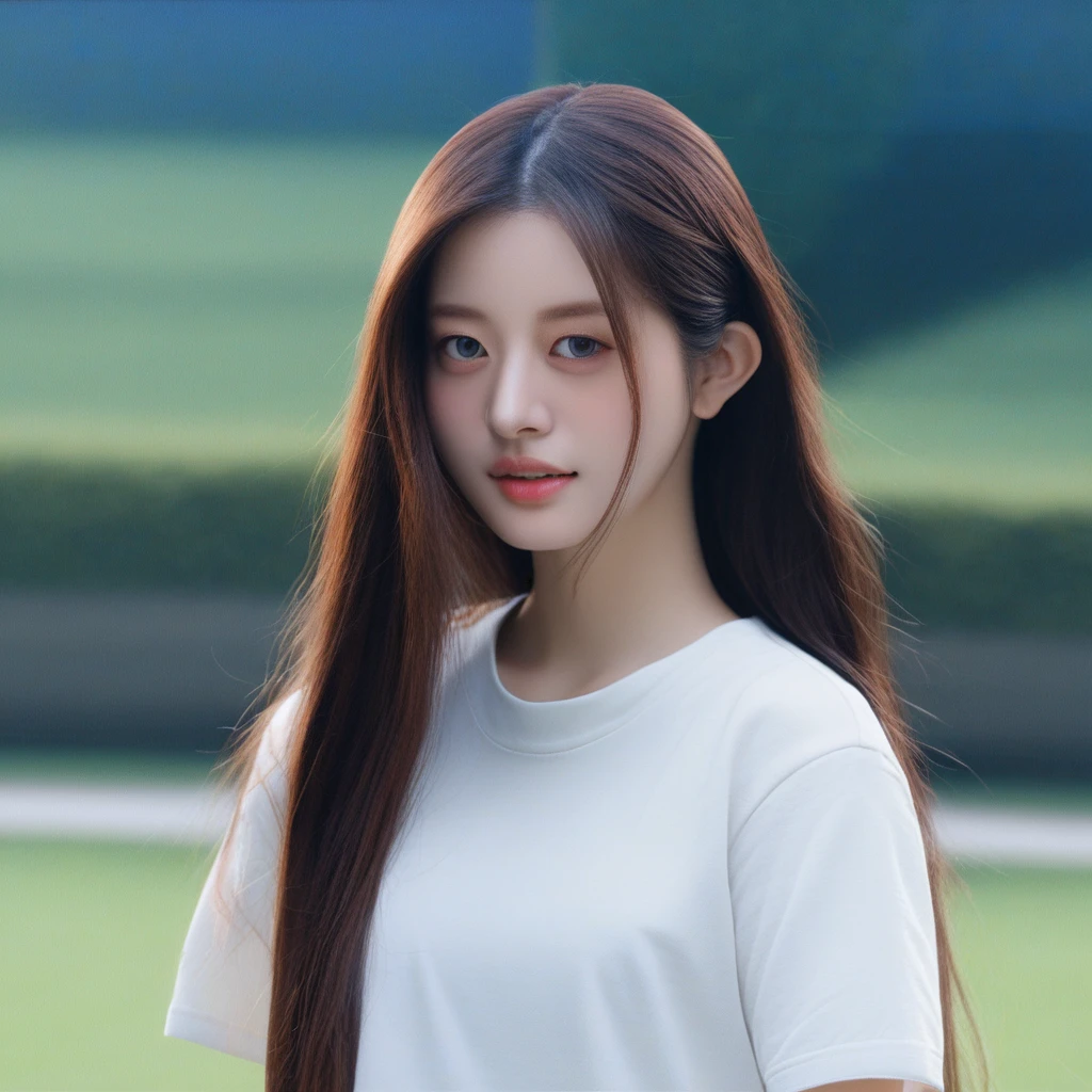 minju, (best quality, masterpiece:1.3), realistic, 1girl, solo, cute, beautiful, looking at viewer, beautiful expression, (upper body:1.2), portrait, (straight on), outdoors, in the park, (closed mouth:1.2), white shirt, long hair, medium breast, detailed face, detailed eyes, detailed iris, lips, highres