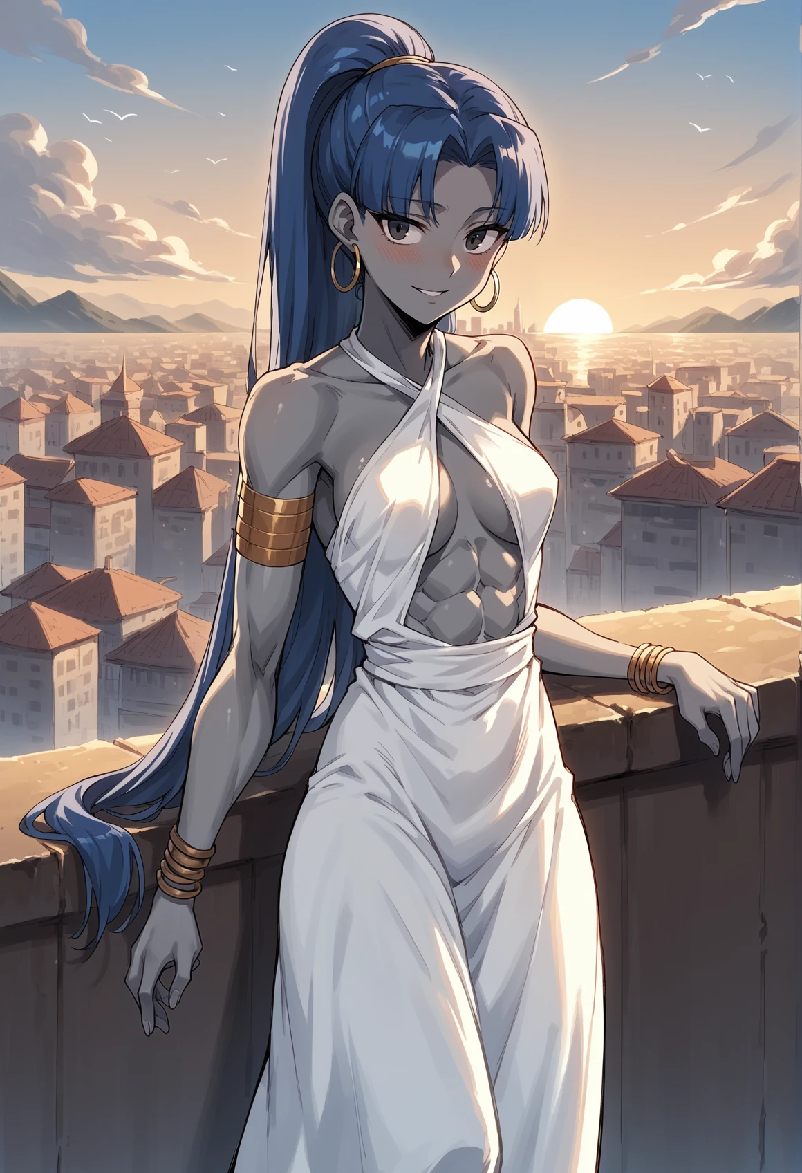 1girl, very dark skin, colored skin, grey skin, very long hair, blue hair, ponytail, black eyes, parted lips, abs, hoop earrings, bracelet, armlet, sundress, blushing, outdoors, city, sunset, light smile <lora:Hassan_Hundred_Personas_F:1>, score_9, score_8_up, score_7_up, score_6_up, score_5_up, score_4_up, BREAK source_anime, masterpiece