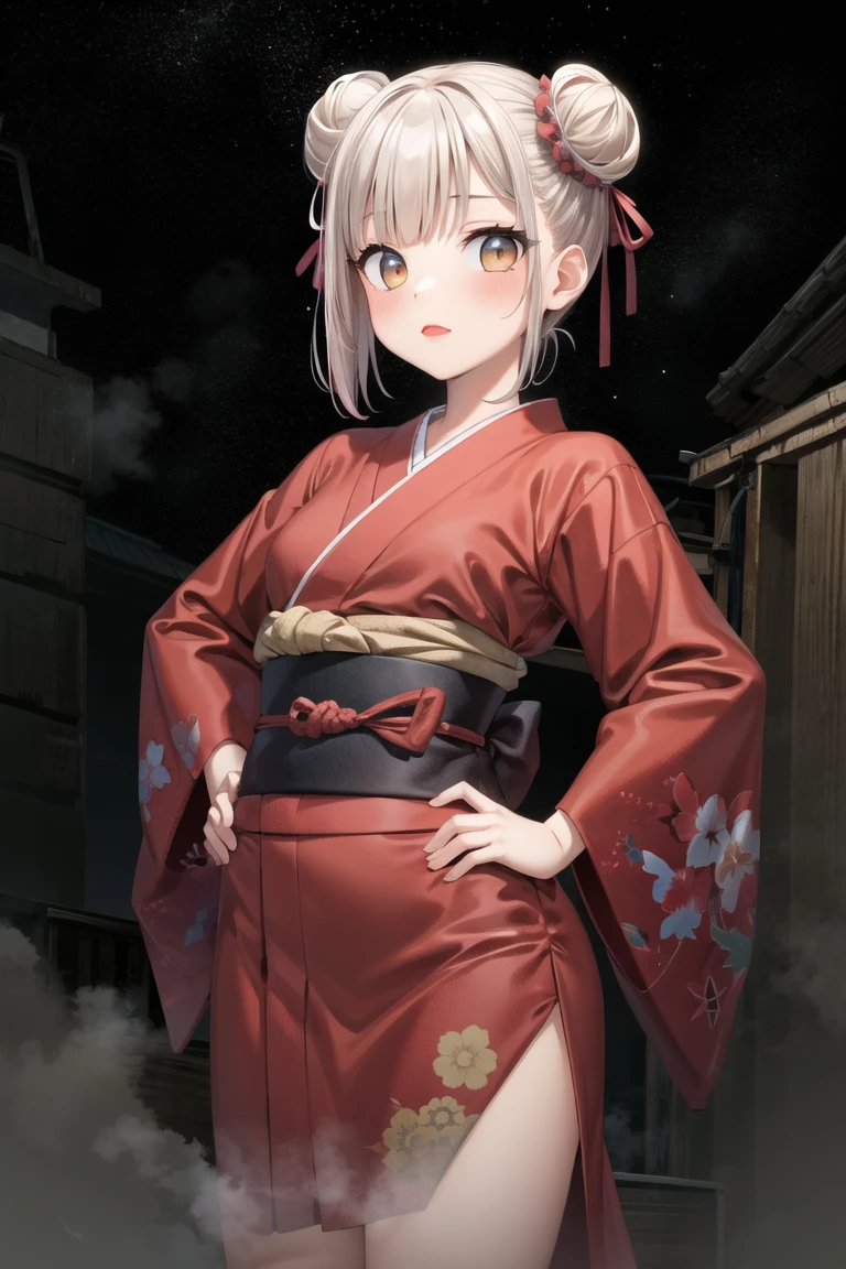 (masterpiece, best quality:1.2), 1girl, solo, cowboy shot,
on top of a building, at night, (heavy fog:1.3) and bright stars,
wearing a kimono,  hands on hips, 
lipstick, eyeshadow, (short hair:1.1), (double bun hair:1.1), (oily skin:1.1), 
<lora:uzunoki_tamaki-10:0.7:lbw=ALL>