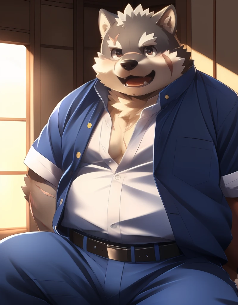 (((detailed eyes, detailed face))), (furry, moritaka <lora:character_moritaka_findigo_v2:1>, two-tone fur, dog boy, snout, black eyes, scar, tattoo on hand), male, (solo), (plump, fat, chubby, overweight), ((open gakuran:1.8, yellow button), white shirt, blue pants), sitting, (arms behind back), smile, (front view) BREAK (konzaburou, ukan_muri), bedroom, (flat shading, high brightness), 8k, UHD, masterpiece, (full body), (scar on face, scar on cheek, scar on chest, scar on arm, scar on nose)