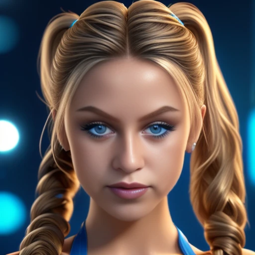 side ponytail, nose, blonde hair, bikini, blue eyes, single braid, eyelashes, blurry background, jewelry, long hair, blue background, realistic