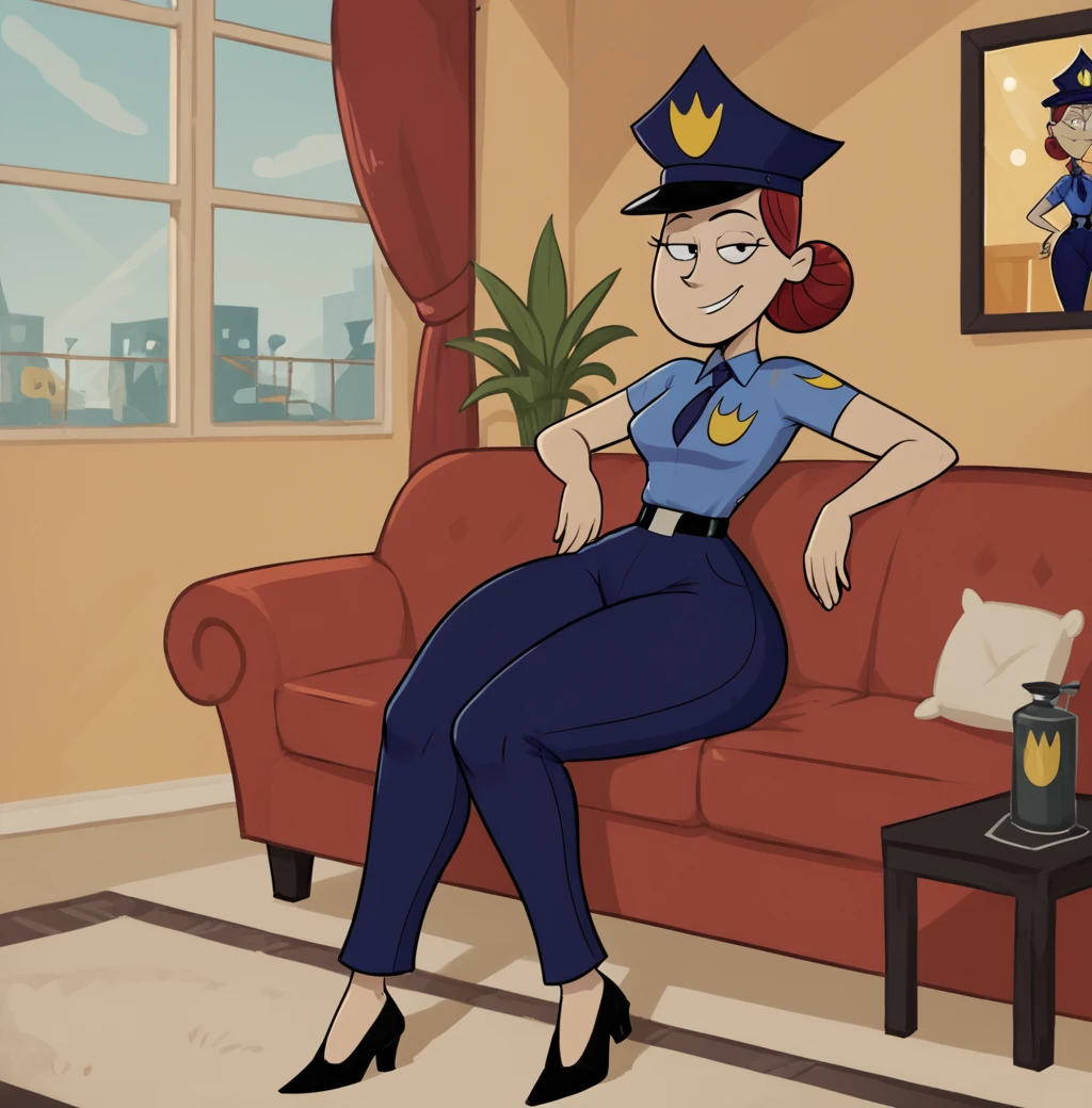 score_9, score_8_up, score_8,
 <lora:Officer_Jones_aka._Mall_Cop_Fosters_Home_For_Imaginary_Friends_for_PonyXL:0.8> 1girl, officerj0nes, thick thighs, red hair, policewoman, hat, hair bun, sitting on couch, living room, window, pants, shoes, smile, parody