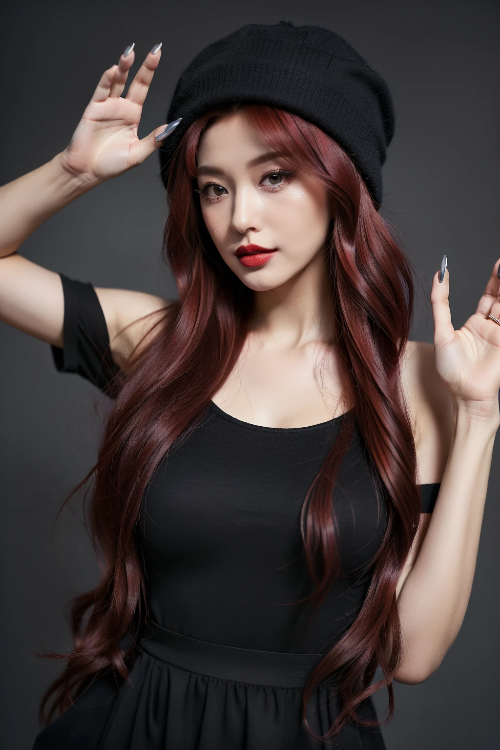 (((best quality, masterpiece, ultra-detailed, photo-realistic, cinematic lighting))), (fashion photography:1.3), (((nail polish, eyeliner, eyelashes, lipstick, makeup))), (Grabbing, waving arms, Untying), official art, beauty and aesthetic, bust, solo, (((1girl, random fashion outfit, random fashion pose, fashion hat, abstract dark gray background))), designed by rinko kawauchi, <lora:add_detail 3:1>, ((Happy Birthday, Deep red Hair, absurdly long hair, drill hair, sidelocks))