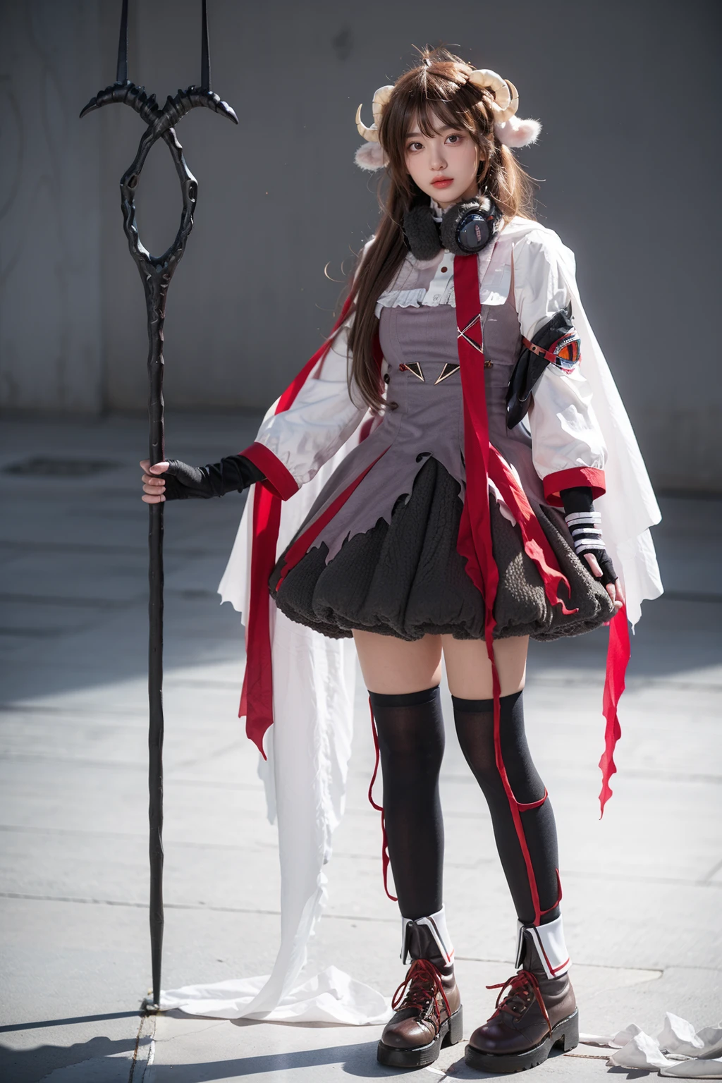 best quality, masterpiece, realistic, photorealistic, 1girl, solo, expressionless, looking at viewer, standing, full body, eyjafjalla cosplay costume, eyjafjalla, arknights, cosplay, brown hair, long hair, animal ears, horns, sheep horns, dress, white cape, gloves, headphones around neck, ribbon, thighhighs, ankle boots, holding staff, simple grey background, <lora:Arknights_Eyjafjalla_cosplay_v1:0.7>