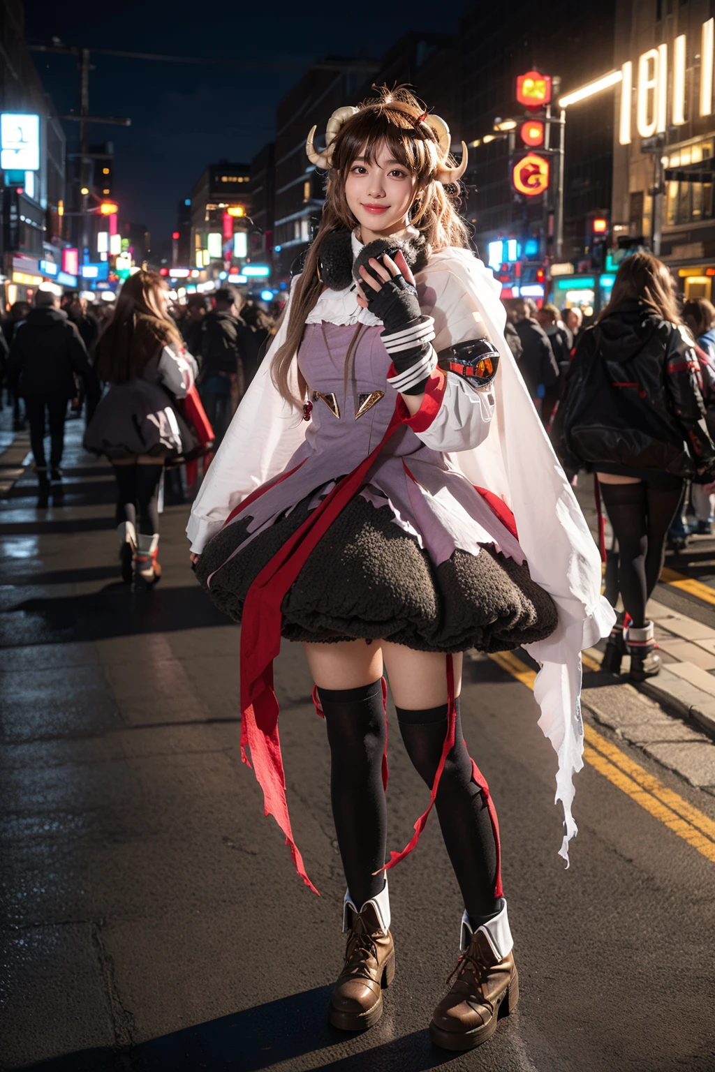 best quality,masterpiece,realistic,photorealistic,1girl,solo,smile,looking at viewer,standing,full body,eyjafjalla cosplay costume,eyjafjalla,arknights,cosplay,brown hair,long hair,animal ears,horns,sheep horns,dress,white cape,gloves,headphones around neck,ribbon,thighhighs,ankle boots,outdoors,night,neon lights,light,people,detail background,<lora:Arknights_Eyjafjalla_cosplay_v1:0.7>,<lora:Background_Detail_v3:1>,<lora:background & distence control:-1>,