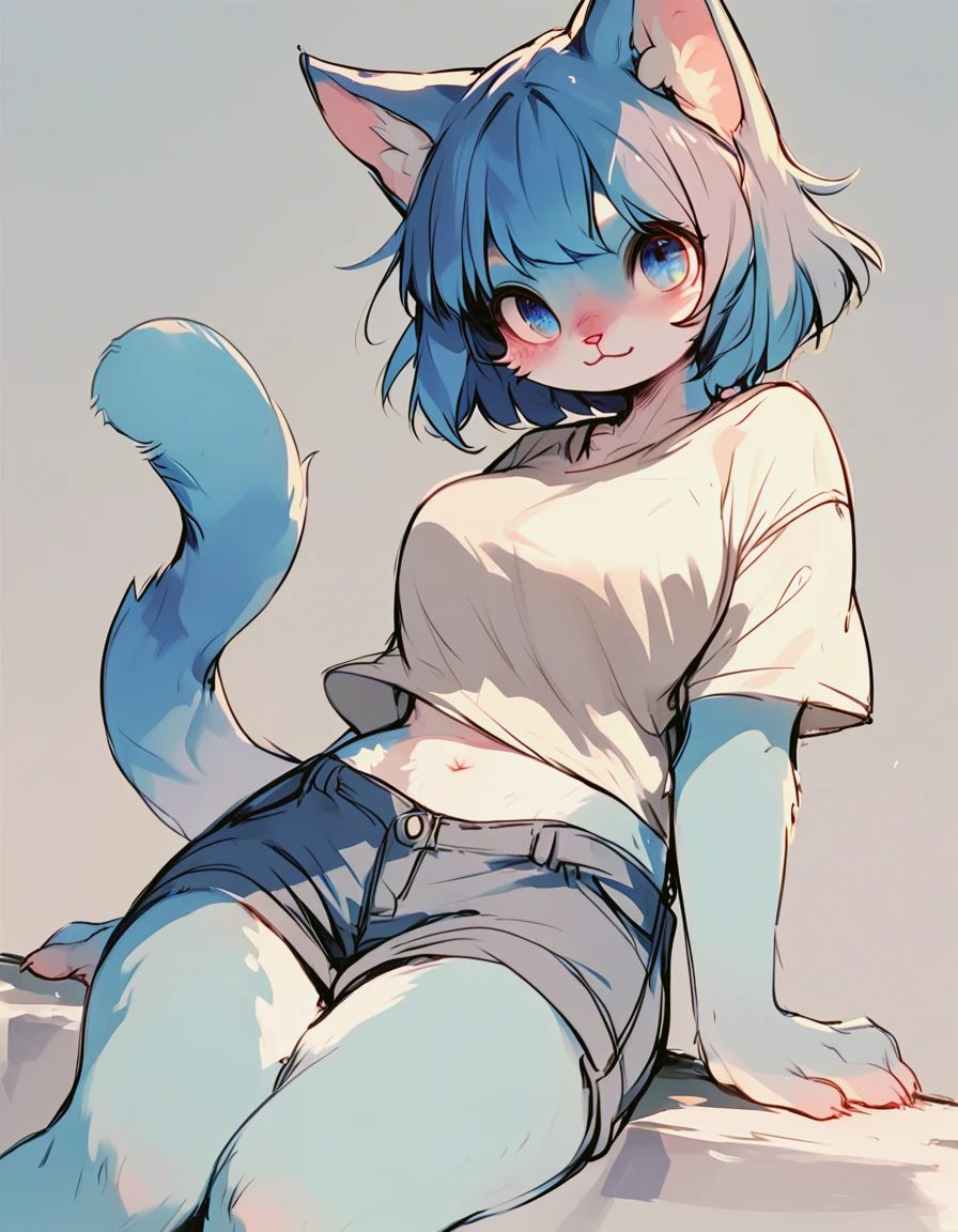 score_9, score_8_up, score_7_up, score_6_up, score_5_up, score_4_up,source_anime,

cute blue furry cat female,
animal nose, detailed eyes, blue eyes,
short hair, blue hair, white fur, fluffy fur, cat tail,
kawaii, 

short pants, shirts,

large breasts, navel, wide hips,

knees up body, looking at viewer,leaning forword,

simple background,