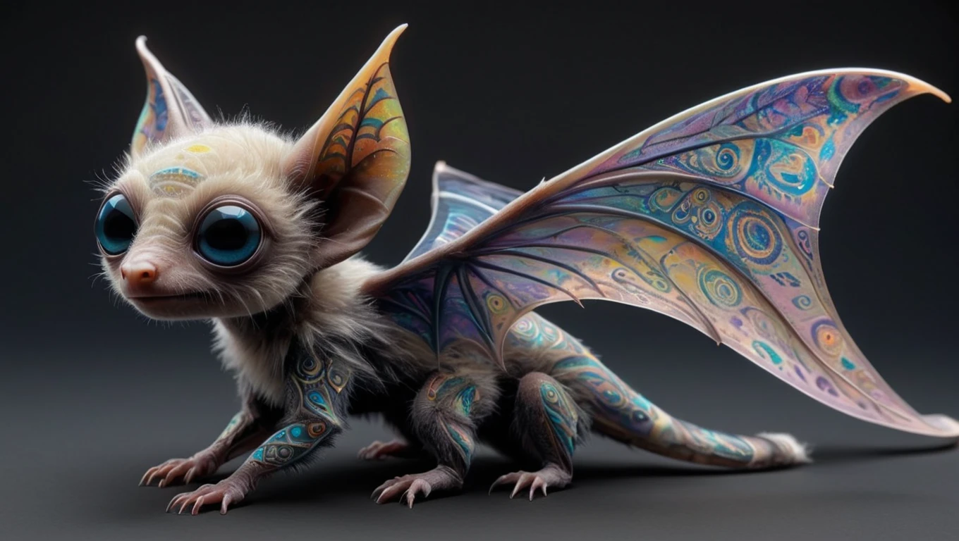 <lora:artfullySGLIDER_SDXL_V1:1>, Skybound Glider: A small, bat-like mammal with membranous wings that are semi-transparent and adorned with vibrant patterns. Its body is covered in soft, iridescent fur that changes color with its emotions. It emits a melodic call that resonates through the alien forests.