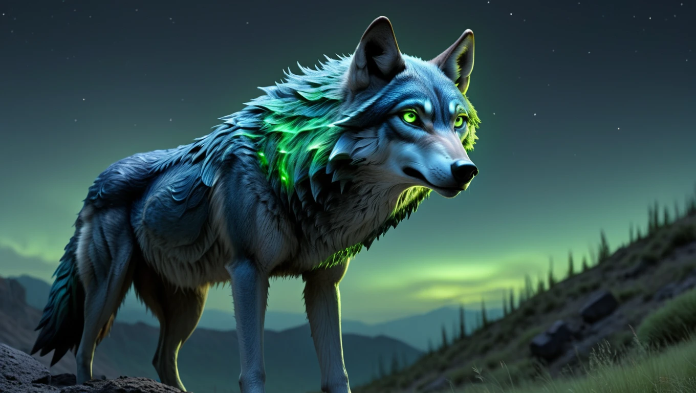 <lora:artfullyTHOWLER_SDXL_V1:.6>, artln, Twilight Howler: Wolf-like with a thick midnight-blue coat, camouflaging at night and glowing green eyes. It emits a hauntingly beautiful howl. (Realistic, hyperrealism, photograph, alien planet, alien species, masterpiece, detailed, best quality, professional)