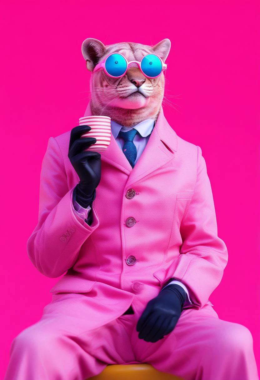 stpzzlzz, red eyes, blurry, buttons, open mouth, coat, cup, gloves, tinted eyewear, teacup, sitting, pink sky, closed mouth, yellow background, monocle, pink gloves, pantyhose