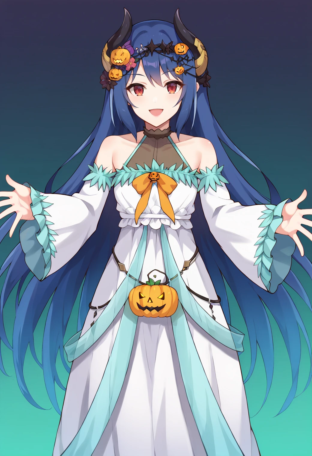 score_9, score_8_up, score_7_up, hd, (ultra hd quality details), gradient background,
solo, 1girl, reipcrbase, demon horns, very long hair, rpcrhallodress, sleeveless dress, jack-o'-lantern hair ornament, hair ornament, flower, halterneck, bare shoulders, detached sleeves, wide sleeves,
looking at viewer, smile, open mouth,
standing, spread arms,
<lora:_rei_pcr-elesico-pony-e12:0.85>