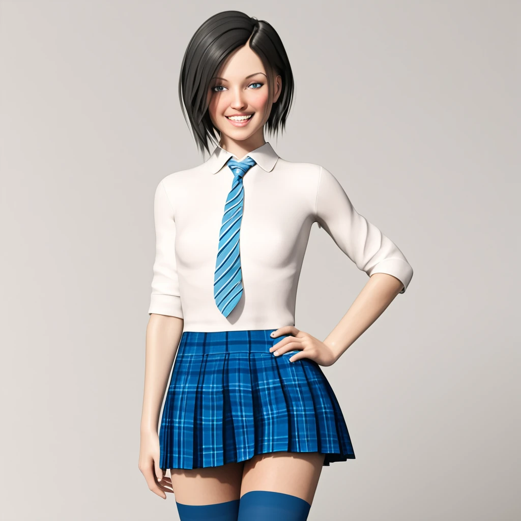 score_9, score_8_up, score_7_up, score_6_up, realistic, masterpiece, best quality, highly detailed, perfect anatomy, amazing quality, 3d, solo, 1girl, Chloe18, black hair, short hair, white shirt, striped necktie, blue skirt, plaid skirt, thighhighs, <lora:Chloe - Chloe18-000010:1>, standing, hand on hip, looking at viewer, smile, white background, simple background, cowboy shot