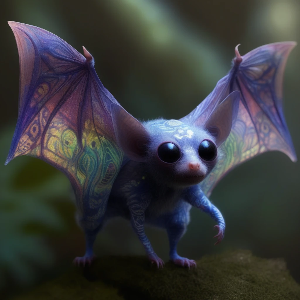 Skybound Glider: A small, bat-like mammal with membranous wings that are semi-transparent and adorned with vibrant patterns. Its body is covered in soft, iridescent fur that changes color with its emotions. It emits a melodic call that resonates through the alien forests.