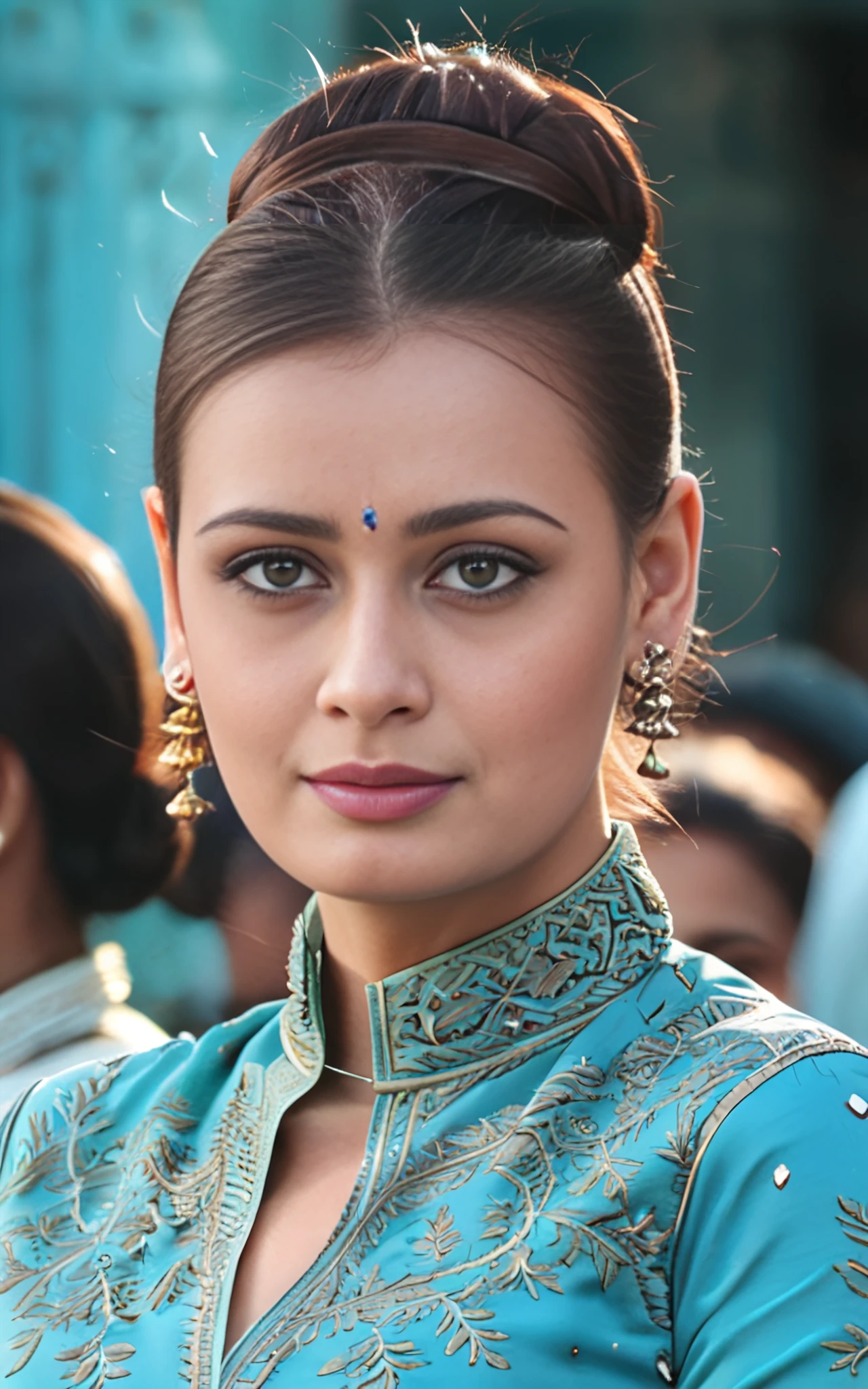 upper body photo of dia mirza woman, solo, wearing conservative intricate Turquoise colored clothing, hair in bun, serious look, looking at the camera, background bokeh  <lora:Dia_Mirza_SDXL_LoRA_adafactor:1>