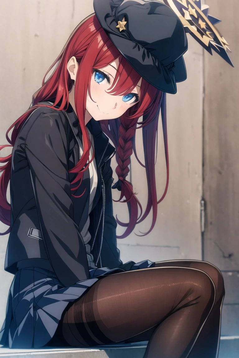 1girl,solo,blue eyes,red hair,braid,pantyhose,skirt,hat,black pantyhose,twin braids,sitting,smile,jacket,halo,closed mouth,bangs,shirt,looking at viewer,brown jacket,long sleeves,long hair,hair between eyes,brown shirt,star (symbol),
