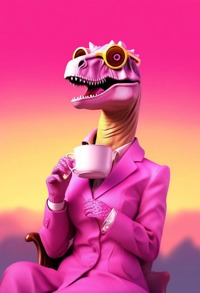 stpzzlzz, feathers, dinosaur, red eyes, blurry, buttons, open mouth, coat, cup, gloves, tinted eyewear, teacup, sitting, pink sky, closed mouth, yellow background, monocle, pink gloves, pantyhose