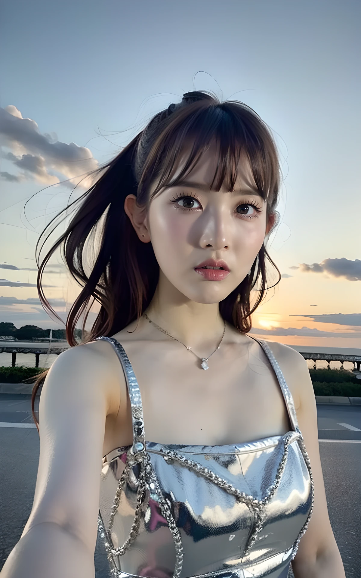 , (straight bangs:1.2), (realistic), (hyperrealism), (photorealistic:1.4), 1girl, looking at the viewer, eye makeup, detailed eyes, detailed face, (upper body:1.2), detailed background, black dress, walking at the streets, sunset, (windy:1.2) <lora:Sieun_V1:1> Sieun_V1