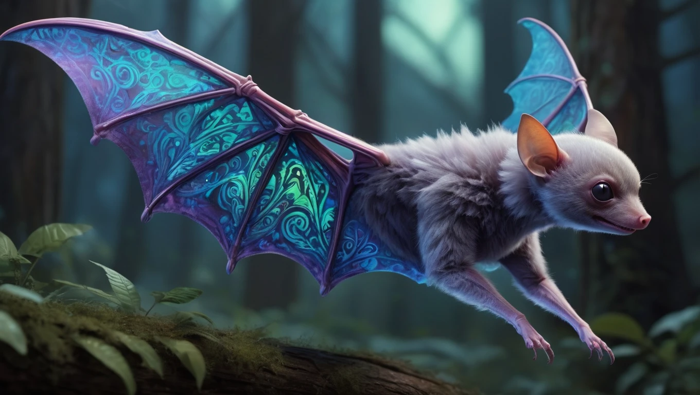 <lora:artfullySGLIDER_SDXL_V1-00002:1>, Skybound Glider: A small, bat-like mammal with membranous wings that are semi-transparent and adorned with vibrant patterns. Its body is covered in soft, iridescent fur that changes color with its emotions. It emits a melodic call that resonates through the alien forests.