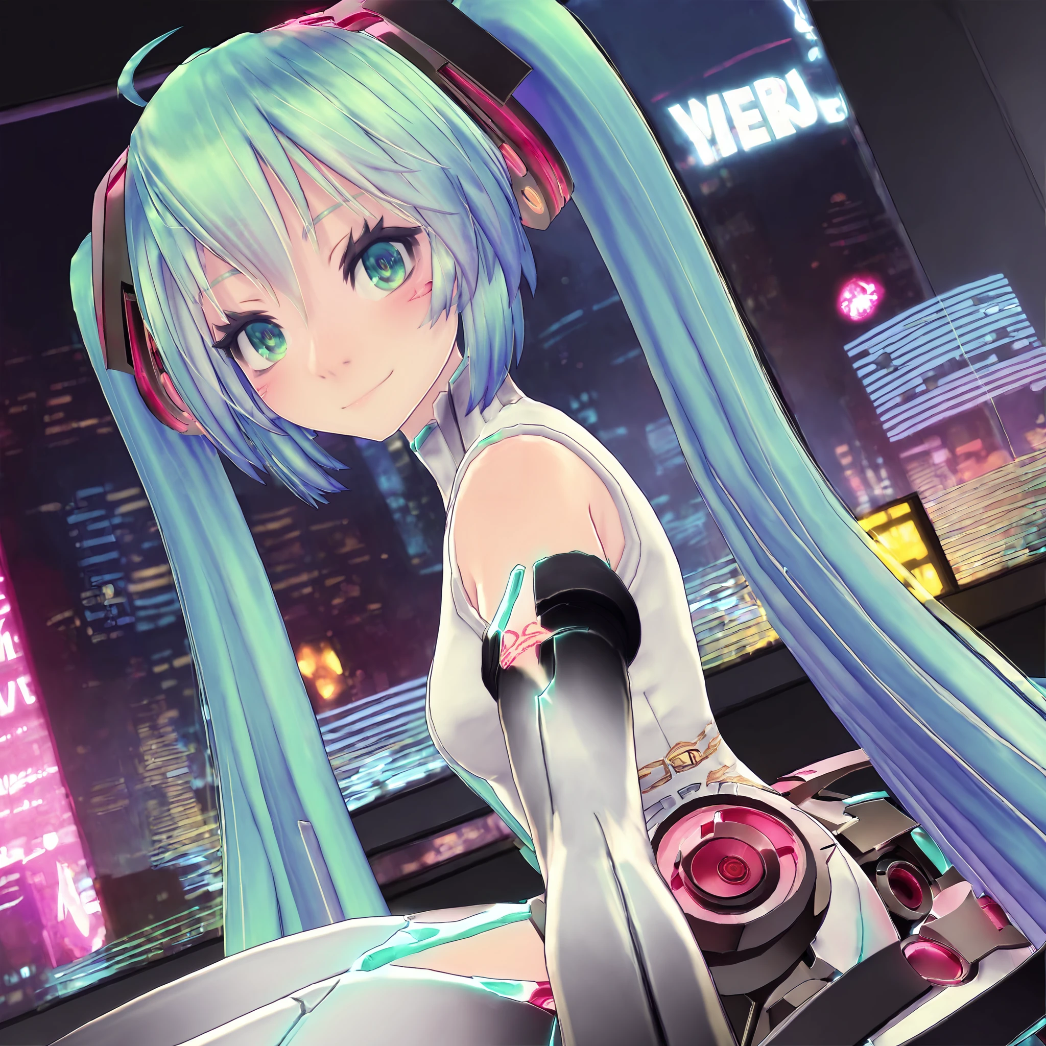 score_9, score_8_up, score_7_up,
masterpiece, best quality,highres, absurdres, very authentic,18yo,3d,
1girl,solo,  <lora:TDAmiku:1>,mikutda,hatsune miku,hatsune miku \\(append\\),twintails,vocaloid append,long hair,ahoge,aqua hair,aqua eyes,
sitting, from side, looking at viewer, smile, blush, facing viewer, cyberpunk city background,