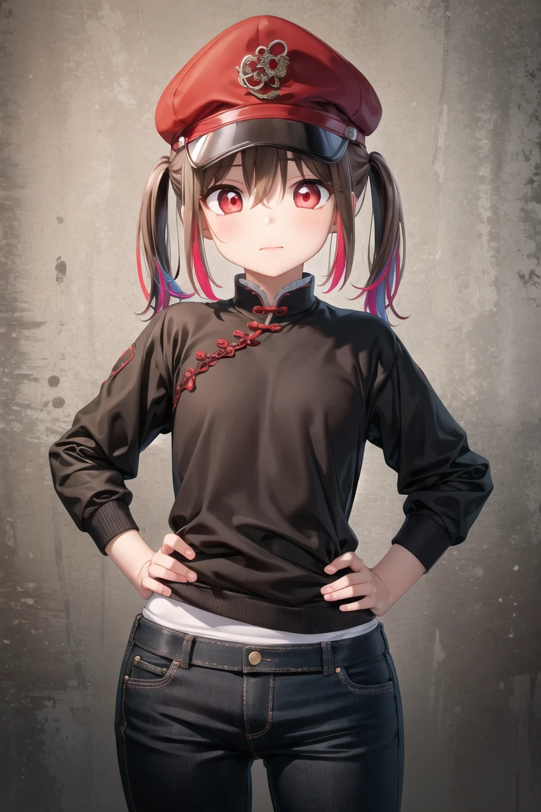 (best quality, masterpiece, RAW photo,ultra-detailed:1.2), (realistic), 1girl, solo, hands on hips, 
symbol shaped pupils, hat, (colorful red eyes:1.3), (twintails:1.1), brown hair, symbol-shaped pupils, long hair, bangs, flower-shaped pupils, hair between eyes, chinese whale tail \(clothing\):1.2), pants,
<lora:uzunoki_tamaki-10:0.7:lbw=ALL>