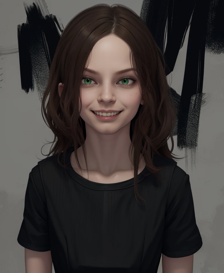 eveline,green eyes,long hair,brown hair,
black dress,short sleeves,looking at viewer,serious, evil smile,
upper body,
dark room,black slime,
(insanely detailed, masterpiece, best quality),solo,<lora:EvelineRE7:0.8>,
