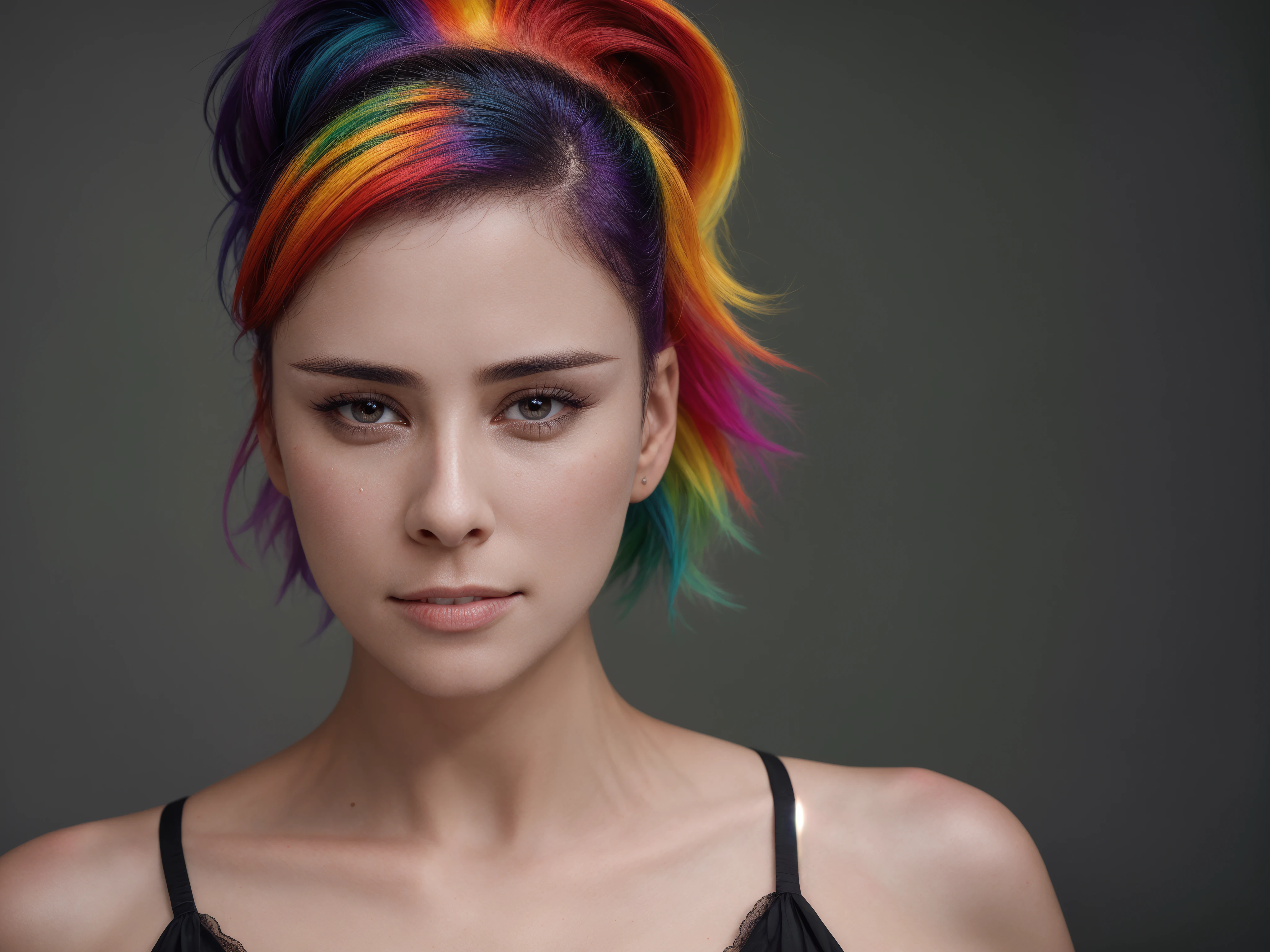 portrait of sks woman by Flora Borsi, sa1rsil0, style by Flora Borsi, bold, bright colours, rainbow Mohawk haircut, ((Flora Borsi))