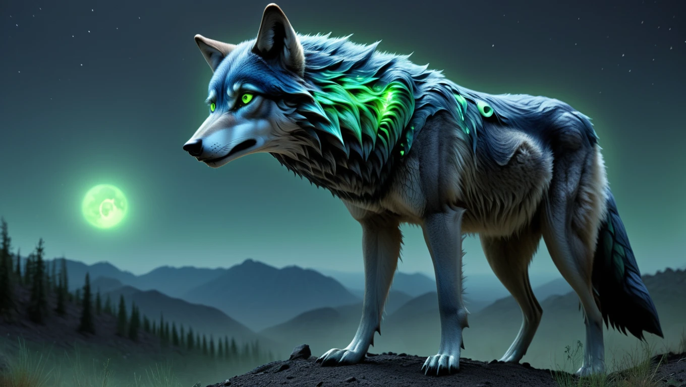 <lora:artfullyTHOWLER_SDXL_V1:.6>, artln, Twilight Howler: Wolf-like with a thick midnight-blue coat, camouflaging at night and glowing green eyes. It emits a hauntingly beautiful howl. (Realistic, hyperrealism, photograph, alien planet, alien species, masterpiece, detailed, best quality, professional)