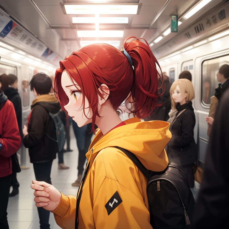 a cinematic shot of a woman with red hair and a yellow hooded sweatshirt in a crowded underground subway station, ponytail, sidebangsv08 hairstyle, worried expression, side view, advertisements, subway train, best quality, masterpiece, bare forehead