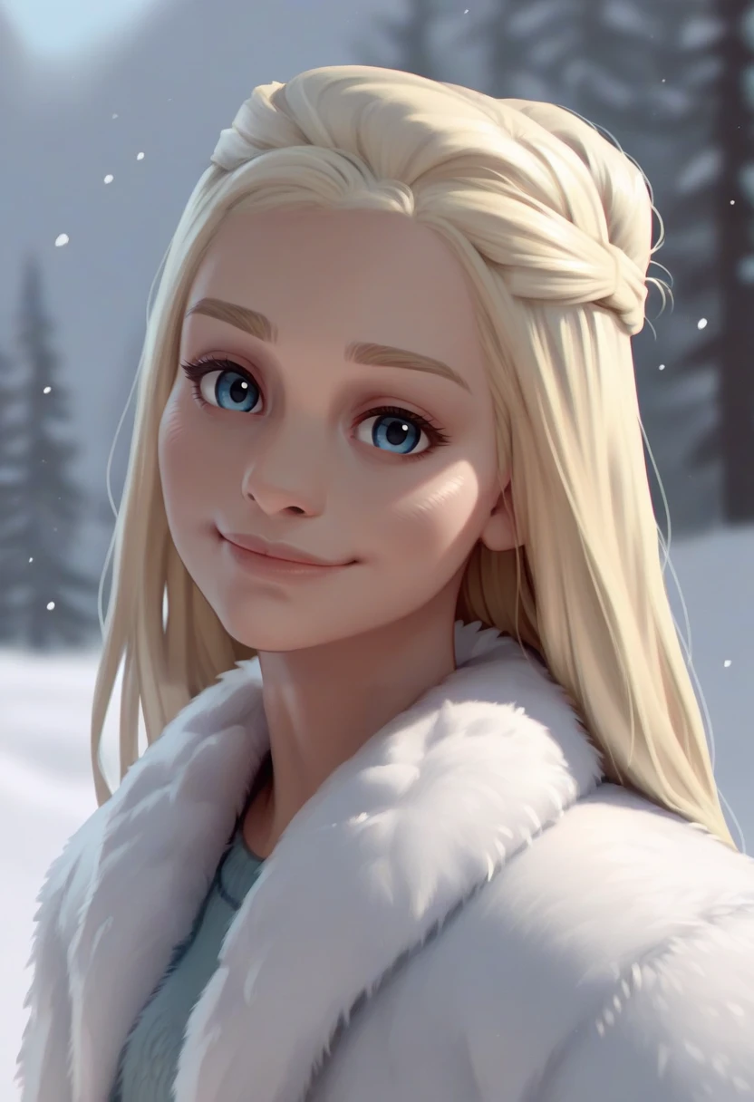 score_9, score_8_up, score_7_up, score_6_up, score_5_up, score_4_up, 1girl, <lora:DaenerysTargaryen:0.9> , solo, long hair, blonde hair, half updo, blue eyes, wearing fur coat, smile, looking at viewer, 
snow background,