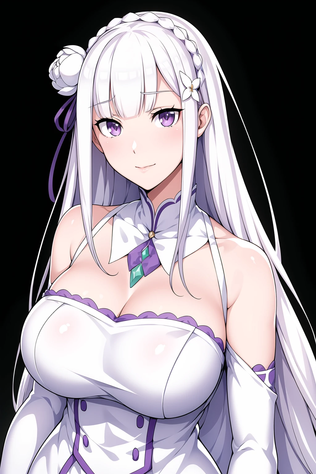 Simple White Background,
dynamic pose,standing at attention,
miniskirt, pleated skirt, White dress,bare shoulders,  detached sleeves,white collar, cleavage, cleavage cutout, 
<lora:Emilia_Rezero-KK77-V1:0.7>,emilia \(re:zero\),hair flower, hair ornament, hair ribbon,white flower,
purple eyes, silver hair,blunt bangs,Long hair,braid,
<lora:more_details:0.1>,<lora:Oda_Non_Style-KK77-V2:0.1>,<lora:Sexy_AIart-KK77-V1:0.1>,
1 girl, 20yo,Young female,Beautiful long legs,Beautiful body,
Beautiful Nose,Beautiful character design, perfect eyes, perfect face,expressive eyes,perfect balance,
looking at viewer,(Focus on her face),closed mouth, (innocent_big_eyes:1.0),(Light_Smile:0.3),
official art,extremely detailed CG unity 8k wallpaper, perfect lighting,Colorful, Bright_Front_face_Lighting,White skin,
(masterpiece:1.0),(best_quality:1.0), ultra high res,4K,ultra-detailed,
photography, 8K, HDR, highres, absurdres:1.2, Kodak portra 400, film grain, blurry background, bokeh:1.2, lens flare, (vibrant_color:1.2),professional photograph,
(Beautiful,large_Breasts:1.4), (beautiful_face:1.5),(narrow_waist),