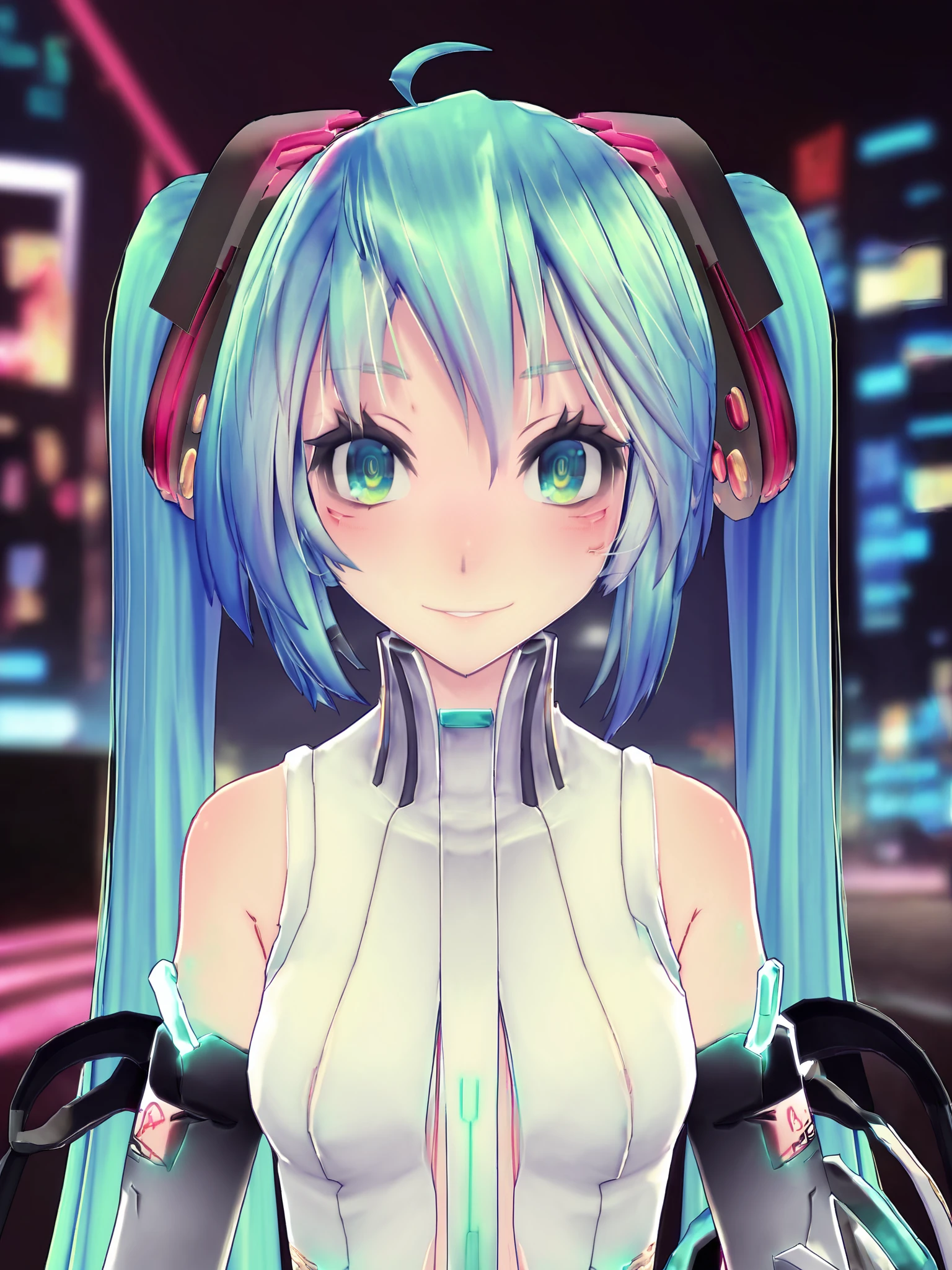 score_9, score_8_up, score_7_up,
masterpiece, best quality,highres, absurdres, very authentic,18yo,3d,
1girl,solo,  <lora:TDAmiku:1>,mikutda,hatsune miku,hatsune miku \\(append\\),twintails,vocaloid append,long hair,ahoge,aqua hair,aqua eyes,
looking at viewer, smile, blush, facing viewer, cyberpunk city background,