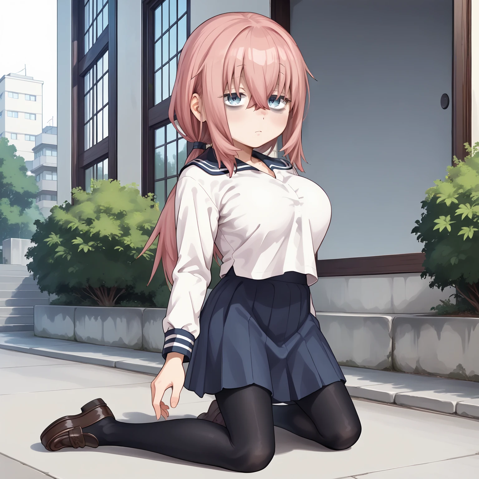 1girl, alone, mafuyu kirisu,masterpiece, best quality, highres, long hair, pink hair, blue eyes, red skirt, jacket, hair between eyes, braid, skirt suit, long sleeves, black pantyhose, white shirt, brown pantyhose, collarbone, large breasts, , standing, from behind, ass, panties under pantyhose,large breasts, medium waist, wide hips, medium thighs,