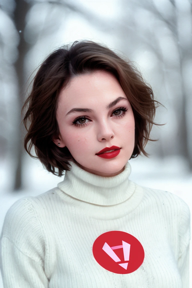 dianelane, a photo of a woman, ((detailed face, detailed eyes)), ((short hair, dark brown hair)), ((outdoors, snow, turtleneck sweater)), closeup, ((red lipstick, eye shadow, eyeliner))