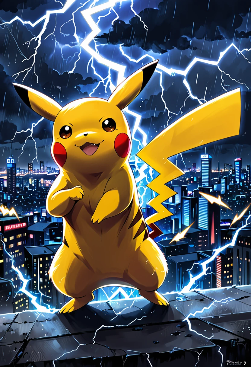 Masterpiece, High quality, beautiful, best quality, 4k, fullbody, score_9, score_7 and above, Pikachu, shaded, amazing lighting, soft lighting, digitale art, city background, anime style, anime, lightning, thunderclouds, being charged with lightning, lightning aura,