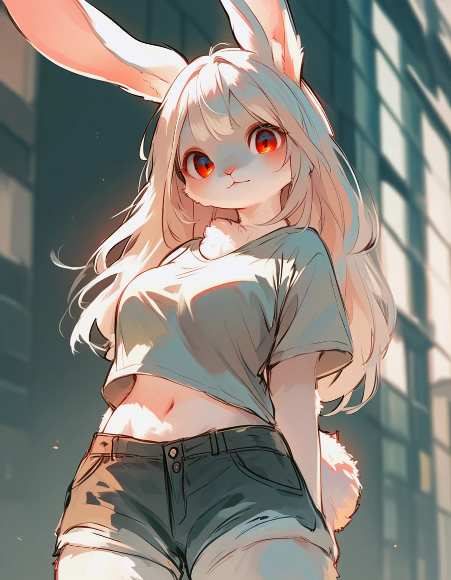 score_9, score_8_up, score_7_up, score_6_up, score_5_up, score_4_up,source_furry, cute white furry rabbit female,animal nose, long hair, detailed eyes,red eyes, shirts and short pants, white hair, fluffy fur, rabbit tail, upper body, standing, in city background, large breasts,navel, looking at viewer