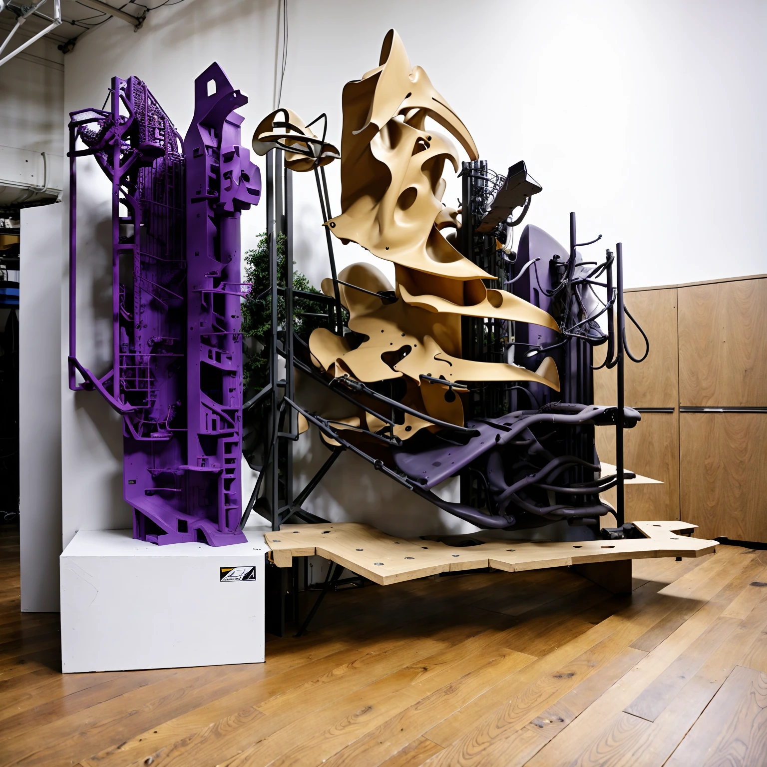 a sculpture of an organic building integrated in an old structure, purple futuristic add-on build in the existing cityscape, (hood140:1.45), architectural model, 3d printing, (multiple materials with transparent surfaces:1.1), (kitbashing:1.2), kubakub, infrastructure hanging from the facade, growing shapes, machines underneath the structure, workshop, sci-fi design, connecting system with ramps, collective housing, morphing forms, highly detailed, 4K, (natural light:1.1), cinematic shot, focused building, blues doctor, summoned jouis, traxence, logo, bookshelf, building, no smoking, indoors, hood, city lights, door